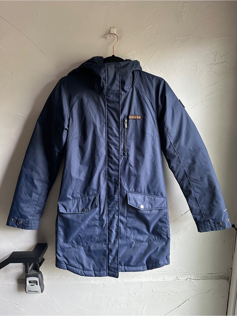 Columbia Omni-Heat Navy Faux Fur Trim Hooded Winter Parka Coat Snow Puffer XS